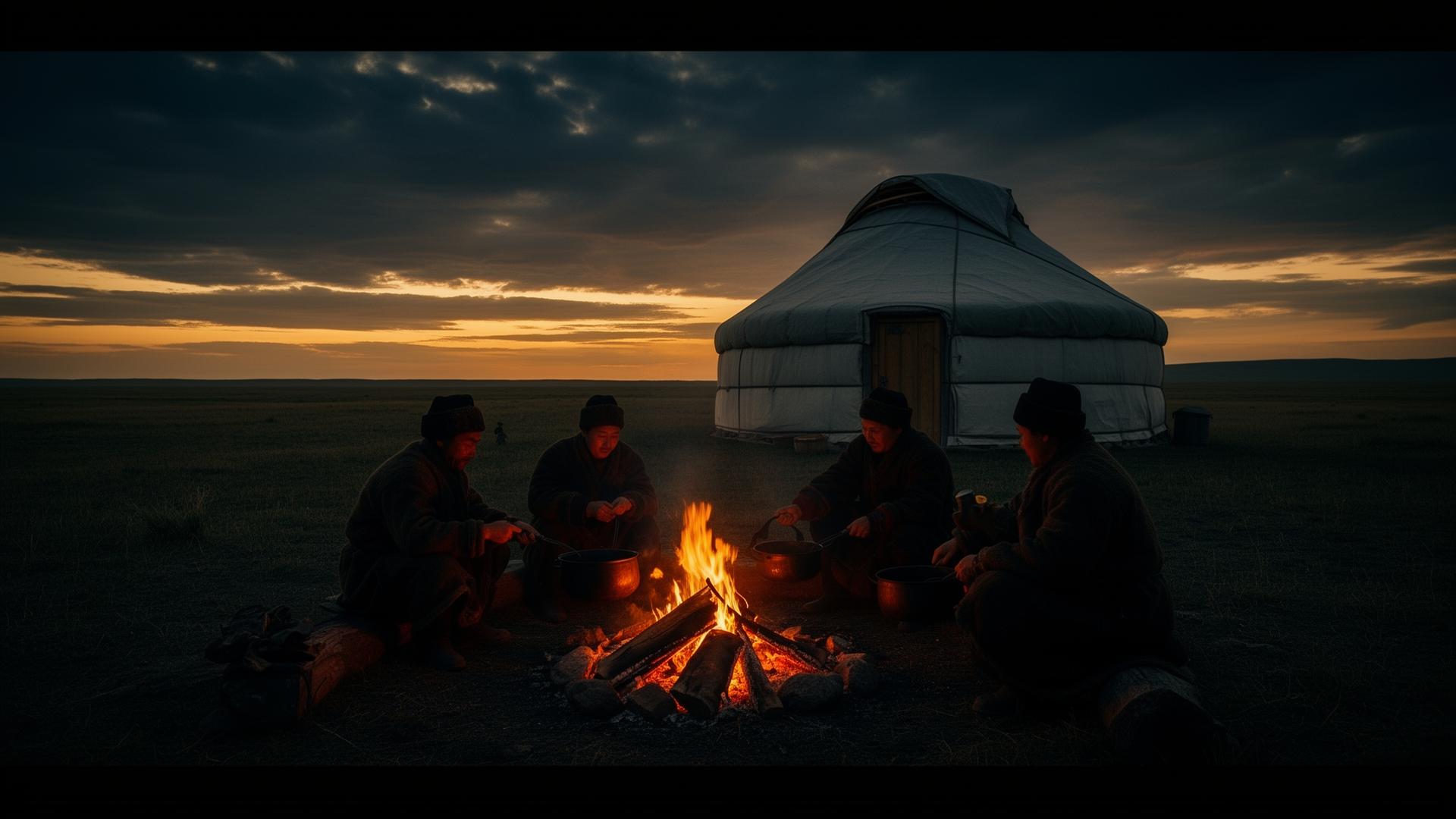 Kazakh steppe at dusk with a nomadic yurt